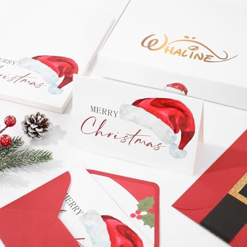 Whaline 50 Pcs Christmas Greeting Cards Santa Claus Blank Note Cards Boxed Blank Note Card with Envelope Stickers for Xmas Party Invitations, 4 x 6 Inch