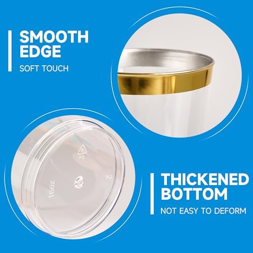 RACETOP 16 oz Disposable Plastic Cups with Gold Rim, 100 Pack