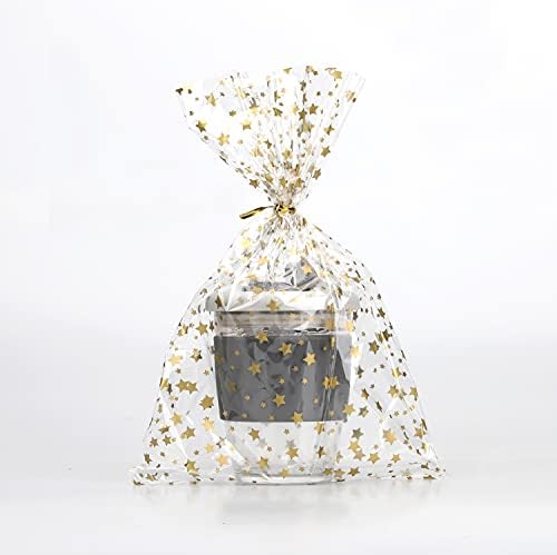 Star Printed 100 Pcs 7"X 12" Gift Wrap Cello - Clear Candy & Cookie Bags with Twist Ties for Bakery, Birthday, Wedding & Party Decorations (Gold)