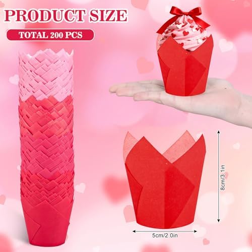 Whaline 200Pcs Valentine's Day Tulip Cupcake Liners Muffin Baking Cups Gradient Red Pink Cupcake Wrappers for Wedding Anniversary Party Supplies Table Decor