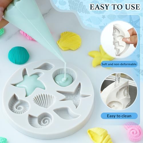 HKNMTT Marine Themed Silicone Mold for Polymer Clay Fondant, Seashell Mermaid Tail Starfish Ocean Seahorse Air Dry Clay Craft Cake Decor Wax Melt Chocolate Candy Mould DIY Cupcake Toppers BPA Free
