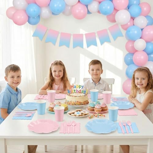175 Pcs Baby Gender Reveal Plates and Napkins Set, 25 Guest Boy or Girl Gender Reveal Party Supplies Include Light Pink and Light Blue Plates Napkin Cup Plastic Spoon Fork Knive for Baby Shower