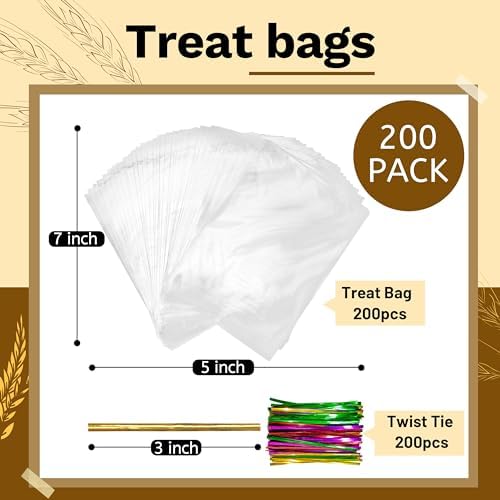 LOKQING Halloween Cellophane Treat Bags, 200 Pack 5x7 in for Bake Sales