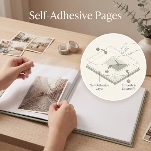 Self-Adhesive Scrapbook Album 11 × 10.6 In, Linen Cover, Sage Green