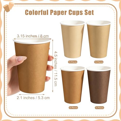 Kochorie 60 Pack 12 Ounce Disposable Gradient Brown Paper Cups, Neutral Party Cups, Drinking Cups for Holiday Party Supplies DIY Crafts, 4 Colors