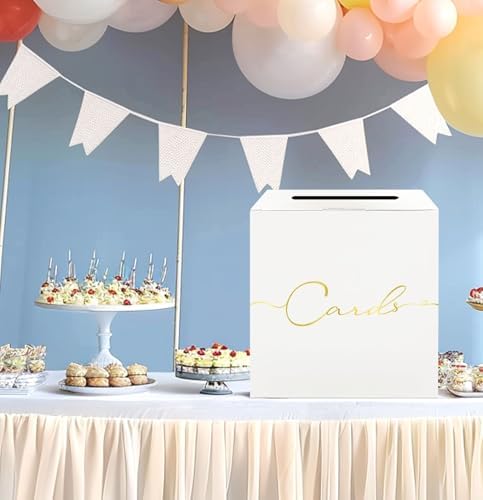 HEIPINIUYE Large Card Box for Party 9.8" x 9.8" White Gift Card Box Holder with Gold Foil Design for Wedding Birthday Baby Shower Retirement Graduation Party Raffle Box