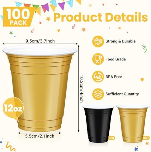100 Pcs Gold and Black Plastic Cups, 12 oz Disposable Cups