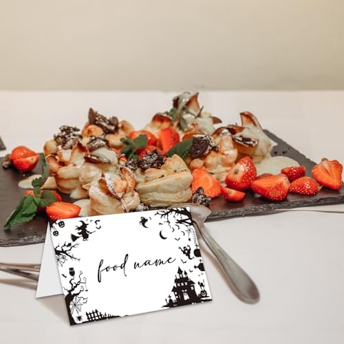 Halloween Place Cards for Table Setting, Tent Cards Decor For Birthday Baby Shower Autumn Party Reception Decorations, Bridal Shower Place Card, 25 Pack Birthday Food Name Card 2 x 3.5" /037