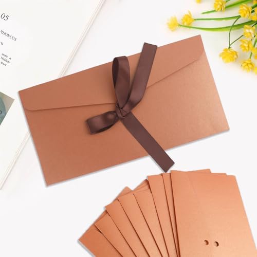 20 Pack Pearlescent Bronze Decorative Envelopes with Ribbon Bow, 8x4 Inch Christmas Cash Gift Envelope, Greeting Invitation Envelope Classical Pure Set for Wedding Birthday Festival and Party