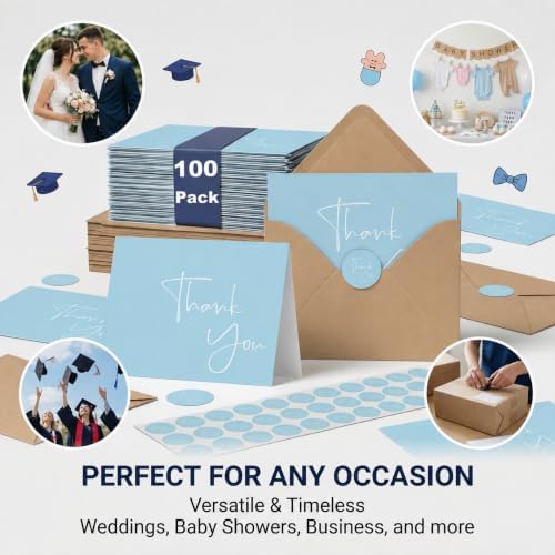 XXINMOH 100 Pack Thank You Cards With Envelopes Bulk Set & Stickers - 4x6 inch Blank Thank You Notes Bulk Box Set - Large Note Card Small Business, Wedding, Baby Shower & Bridal Shower - Light Blue