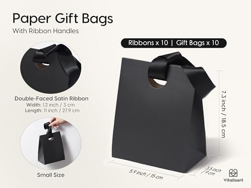 Vitalizart Paper Gift Bags With Ribbon Handles Small Black Bulk Pack