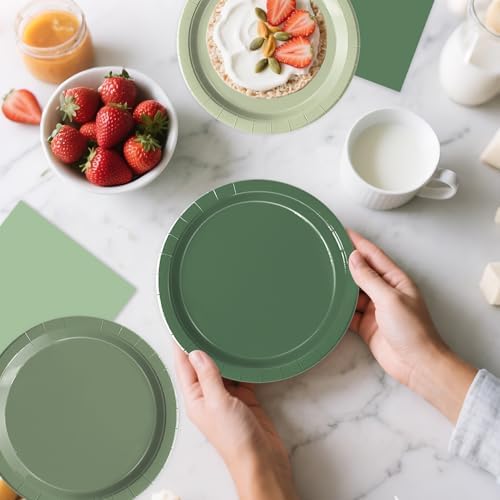 Oigco 150 PCS Sage Green Paper Plates, Sage Green Birthday Decorations, Disposable Plates and Napkins for Birthday Wedding Bridal Baby Shower Party Supplies, Serves 50
