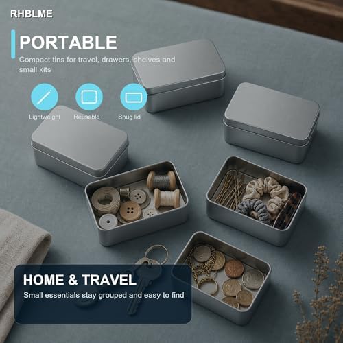 RHBLME 12 Pack Rectangular Tin Boxes with Lids, 4.9 x 3.6 x 1.8 Inch Empty Metal Tin Containers, Silver Storage Tins for Cookies, Candy, Treats, Gifts, Party Favors, Crafts and Small Items