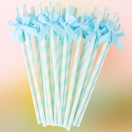 24 Packs Blue Bow Biodegradable Striped Paper Straws, Blue and White Disposable Drinking Straws for Birthday Carnival Summer Pool Party Wedding Baby Shower Halloween Party Decoration Supplies