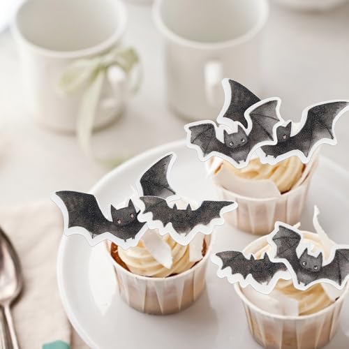 40 Pack Edible Halloween Bat Cupcake Toppers Bat Halloween Cupcake Toppers Rice Paper Wafer Paper Cupcake Picks for Baby Shower Kids Birthday Party Cupcake Decorations Black