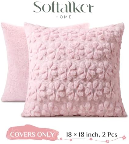 Softalker Spring Summer Throw Pillow Covers 18 x 18 Inch Set of 2, Farmhouse Decorative Floral Daisy Soft Faux Fur Cushion Covers, 3D Pillow Cases for Couch Bedroom Living Sofa Room Home Decor, Pink