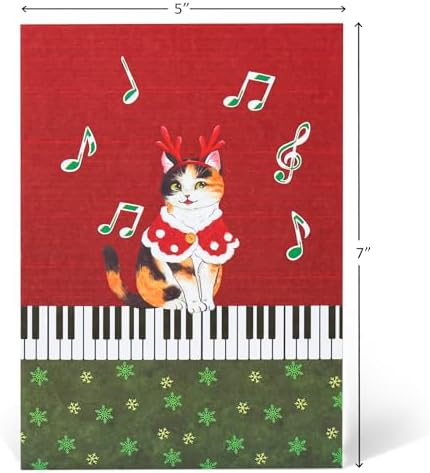 POPWOW Christmas Piano Cats Pop Up Card, Cute Cats on Piano, Xmas Tree, 3D Greeting Card, Gift for Cat Person, Kid, Boy, Girl, Sister, Brother, 5x7 - Includes Envelope And Message Note
