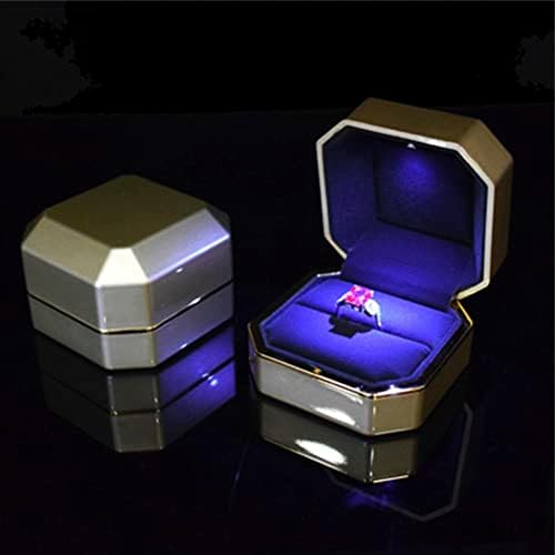 Luxury Ring Box, Square Velvet Wedding Ring Case Jewelry Gift Box with LED Light for Proposal Engagement Wedding, Gold