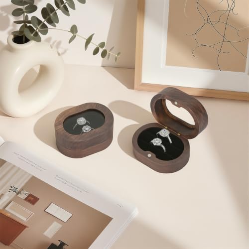 KUKUVR Oval Wooden Ring Box with Clear Window, Ring Holder Box for Wedding Day Engagement Proposal, Jewelry Gift Storage Box for Women (Black - 2 Slots)