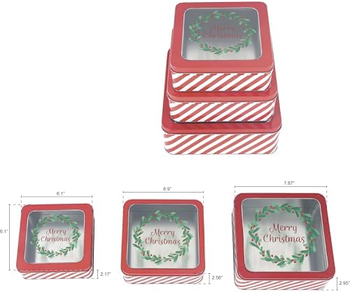 DAHO Christmas Holiday Cookie Tin Containers with Window, 3pc Nested Set, Holiday Cookie Tins with Lid for Gift Giving, Cookie, Treats, Cookies Party Favor and Gifts (Merry Christmas, Square Shape)
