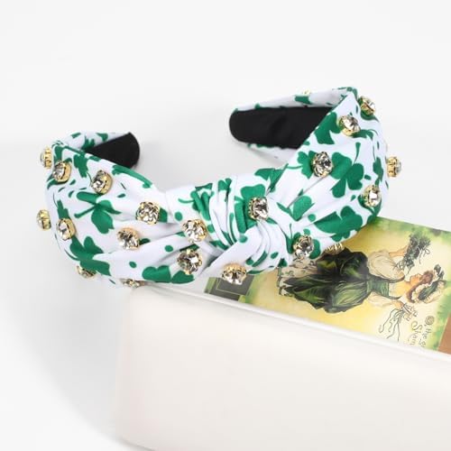 Ardorchid St.Patrick's Day Headbands Irish Green Shamrock Rhinestone Hair Accessories for Women Girls Gifts Wide Knot Hair Hoop Celebration Party Hairbands