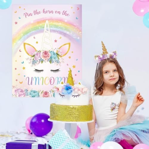 WERNNSAI Pin The Horn on The Unicorn Rainbow Birthday Party Games for Kids