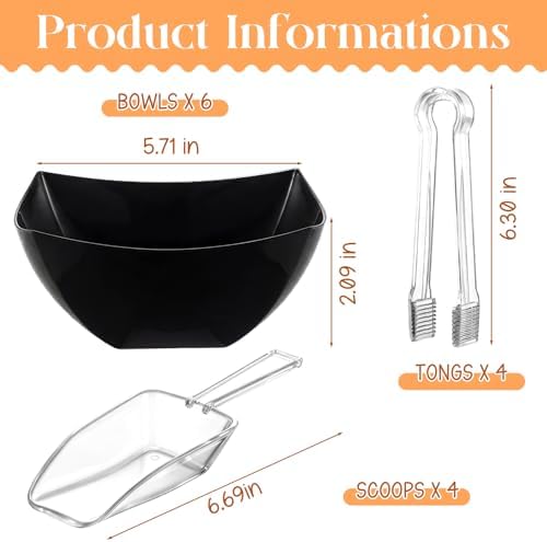 FoldTier 16oz 6 Black Plastic Candy Bowls, 4 Scoops and 4 Tongs Set Square Disposable Plastic Buffet Containers for Chip, Snacks Popcorn Candy Buffet Bar Birthday Party Supplies