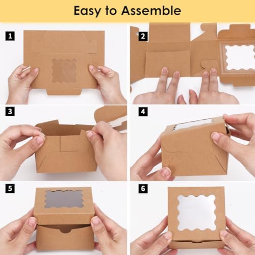 Moretoes 24pcs Small Cookie Boxes with Window, 4x4x2.5In Brown Bakery Boxes