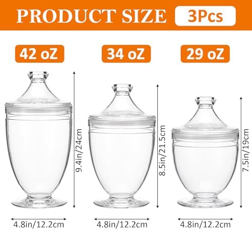 3 Pcs Acrylic Apothecary Jars with Airtight Lid, Candy Jars for Candy Buffet, Decorative Bathroom Canisters (42oz/34oz/29oz)