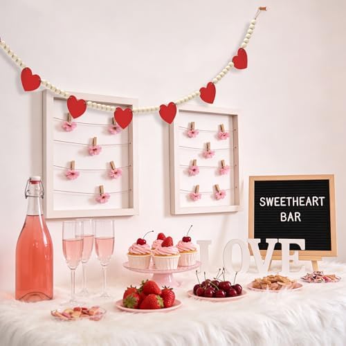 Valentines Day Decorations - Wood Bead Garland with Felt Red Hearts for Valentines Day Decor, Valentine Heart Garland Valentine's Banner for Galentines Day Decorations, Farmhouse, Wedding, Anniversary