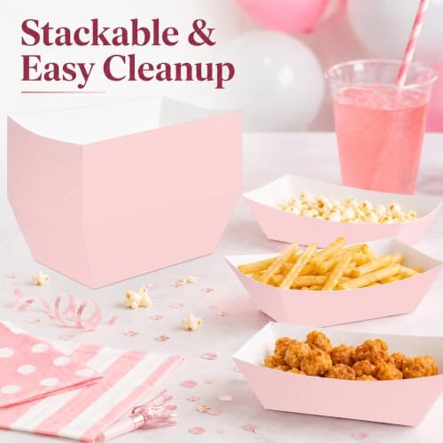 100 Pcs Pink Paper Food Trays, Pre-Folded Disposable Snack Boats for Popcorn, Candy, Fries, Nachos, Desserts, Pink Party Supplies for Birthday, Baby Shower, Bridal Shower, Dessert Table