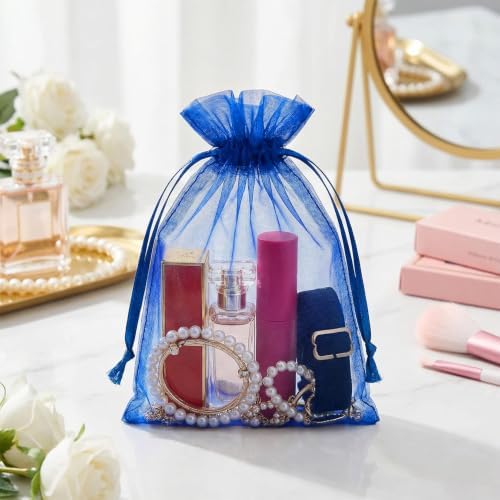 FUNFERY 100PCS Royal Blue Organza Gift Bags 6x9in,Drawstring Jewelry Pouch