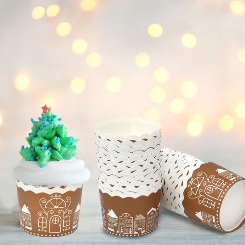 100 Pcs Christmas Paper Baking Cups Gingerbread House Design Disposable
