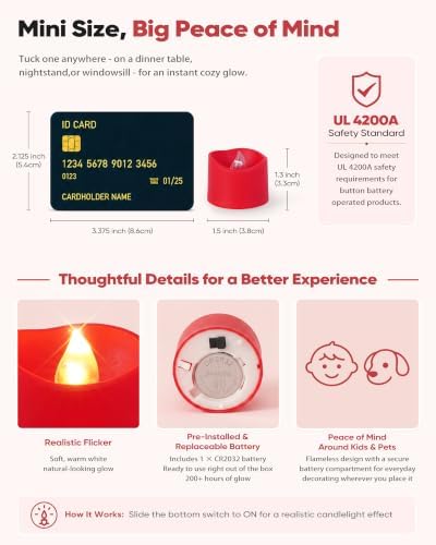 Homemory 50-Pack Red Flameless Battery Tea Light Candles, 200+ Hours