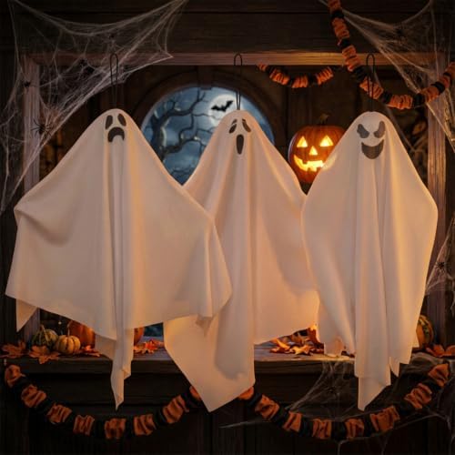 Anditoy 3 Pack 27.5" Halloween Hanging Ghosts Decorations Spooky Cute Flying Ghost for Indoor Outdoor Lawn Garden Yard Haunted House Halloween Decor Party Supplies