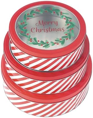 DAHO Christmas Holiday Cookie Tin Containers with Window, 3pc Nested Set, Holiday Cookie Tins with Lid for Gift Giving, Cookie, Treats, Cookies Party Favor and Gifts (Merry Christmas, Round Shape)