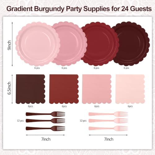 Pink and Burgundy Paper Plates and Napkins,Include Gradient 9inch Plates Napkins Forks Disposable Party Supplies for Baby Shower,Birthday,Wedding,Serves 24