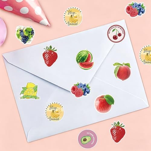 500PCS Fruit Stickers Rolls 8 Styles Summer Fruits Sticker 1in Self-Adhesive Waterproof Vinyl Stickers Decor for Back to School First Day of School Party Supplies Envelope Scrapbook Decorations