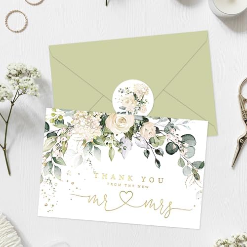 Whaline 24 Pack Wedding Thank You Cards Eucalyptus Leaves Greeting Card From the New Mr & Mrs Floral Blank Note Cards with Envelope Sticker for Bridal Shower
