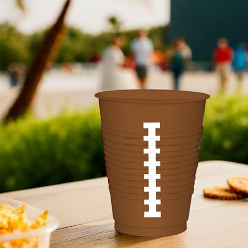 Football-Themed Brown Plastic Cups - 16 oz. (Pack of 25) - Sturdy & Durable Drinkware, Perfect for Game Day Parties & Tailgating Events