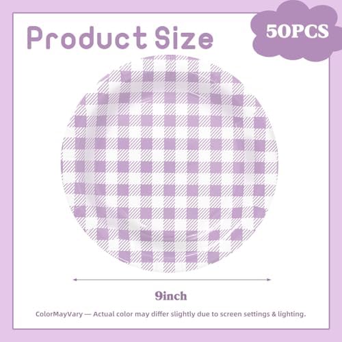 Vyntra 50 Pcs Lavender Gingham 9 Inch Round Paper Dinner Plates