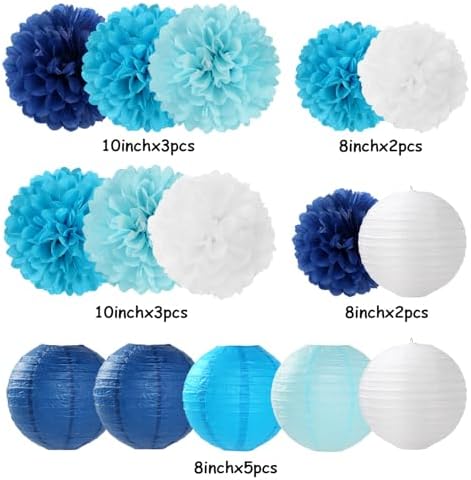 Blue-White Birthday Party-Decorations Paper-Flowers Lanterns - 15PCS Light Royal Tissue Pom Poms Streamers,Classroom Ocean Themed Baby Bridal Shower Bachelorette Wedding Hanging Supplies Decor Hugfond