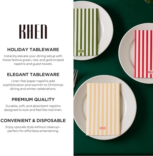 Khen 100 Count Luxury Disposable Napkins Multicolor Edition – Luxury Striped Guest Towels Linen Feel Paper Table Napkins Elegant Soft & Absorbent Towels for Parties Dinner & Events (Pack of 2)