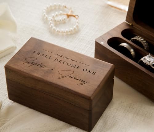 MUUJEE Custom Name Wedding Ring Box - Quad Slot Walnut Wood Ring Holder