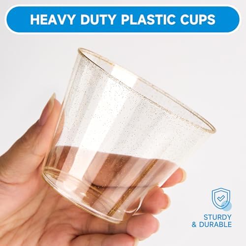 RACETOP 9 oz Gold Glitter Clear Plastic Cups, 100 Pack