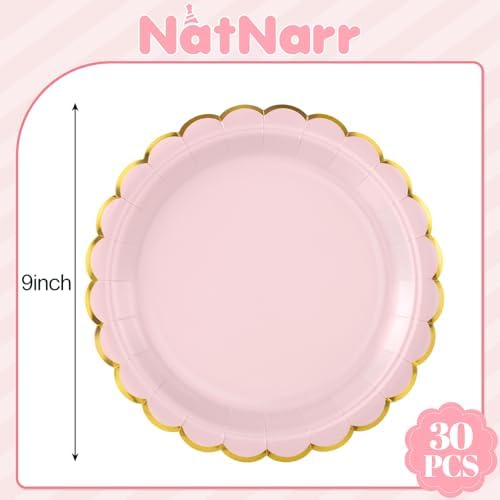 NatNarr 30 Pk Pink Gold Plates 9" Disposable Scalloped Pink Paper Plates