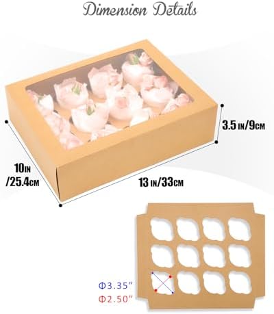 qiqee Auto-pop Up Cupcake Boxes with Window Brown 40PCS 12 Count Cupcake Box 13"x10"x3.5" Cupcakes Carrier, 12 Cupcake Containers with 2 rolls of pink ribbons