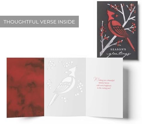Masterpiece Striking Cardinal Holiday Cards / 10 Boxed Laser Cut Red Christmas Bird Cards With Coordinating Envelopes / 5" x 7" Folded Winter Seasonal Greeting Card Pack With Inside Verse