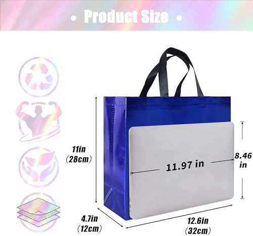 cabzymx 15 Pcs Glossy Blue Reusable Gift Bags with Handles, Party Gift Bags Bulk with Sturdy Bases, Ideal Goodie Bag for Birthday, Wedding, Christmas, Holiday-12.6 x 4.7 x 11 In