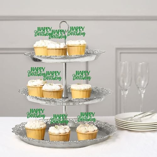 30 PCS Happy Birthday Cupcake Toppers Glitter Happy Birthday Cupcake Picks for Celebrating Anniversary Theme Christmas Party Cake Decorations Supplies Green